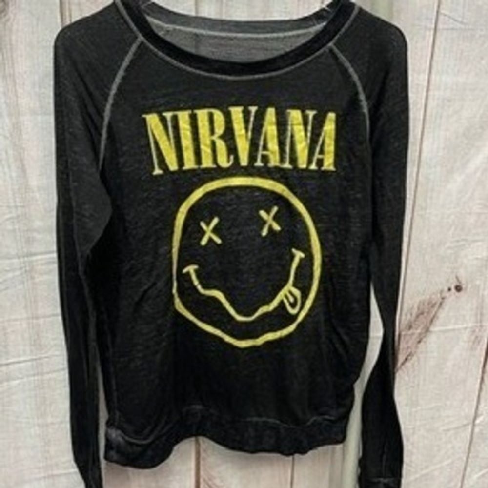 Vintage Nirvana Smiley Face Graphic Long Sleeve Burnout Shirt Charcoal Black S